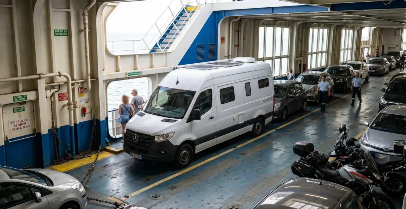 Camping-car blanc garé sur le pont-garage d'un ferry avec d'autres véhicules alignés, lumière naturelle filtrante