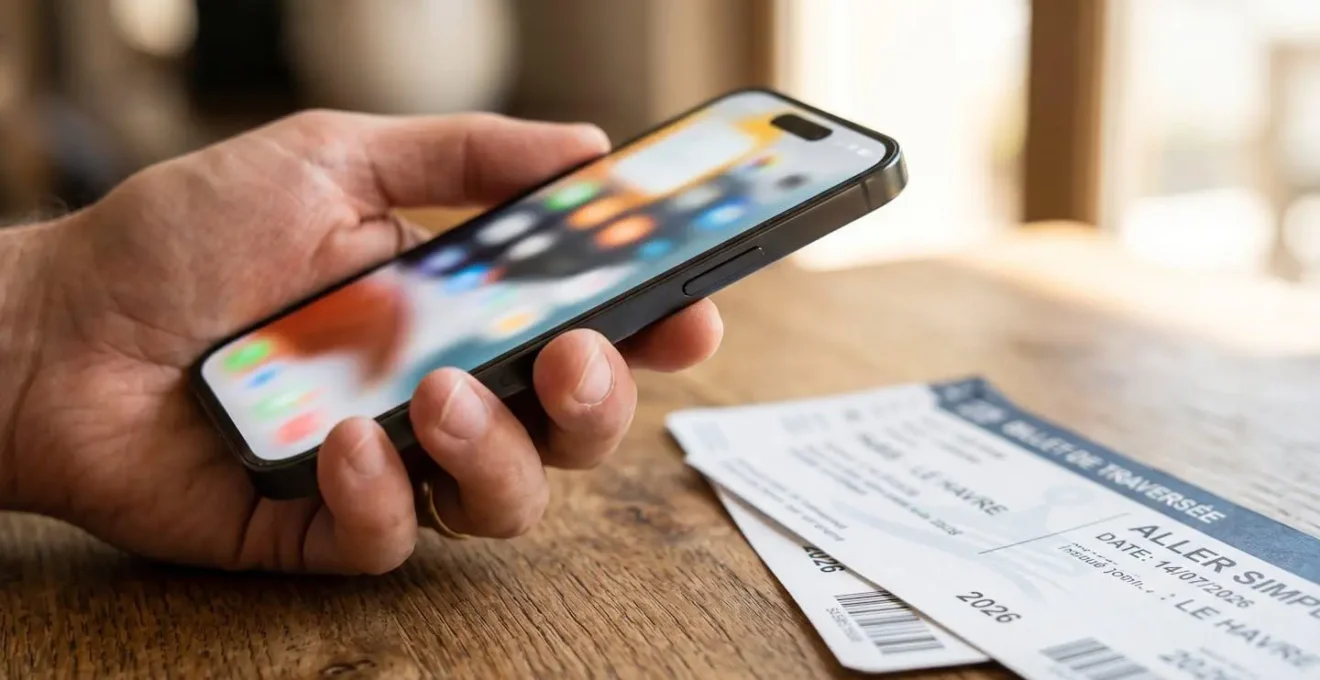 Gros plan sur une main tenant un smartphone moderne posé sur des billets de ferry, surface en bois clair et lumière naturelle latérale