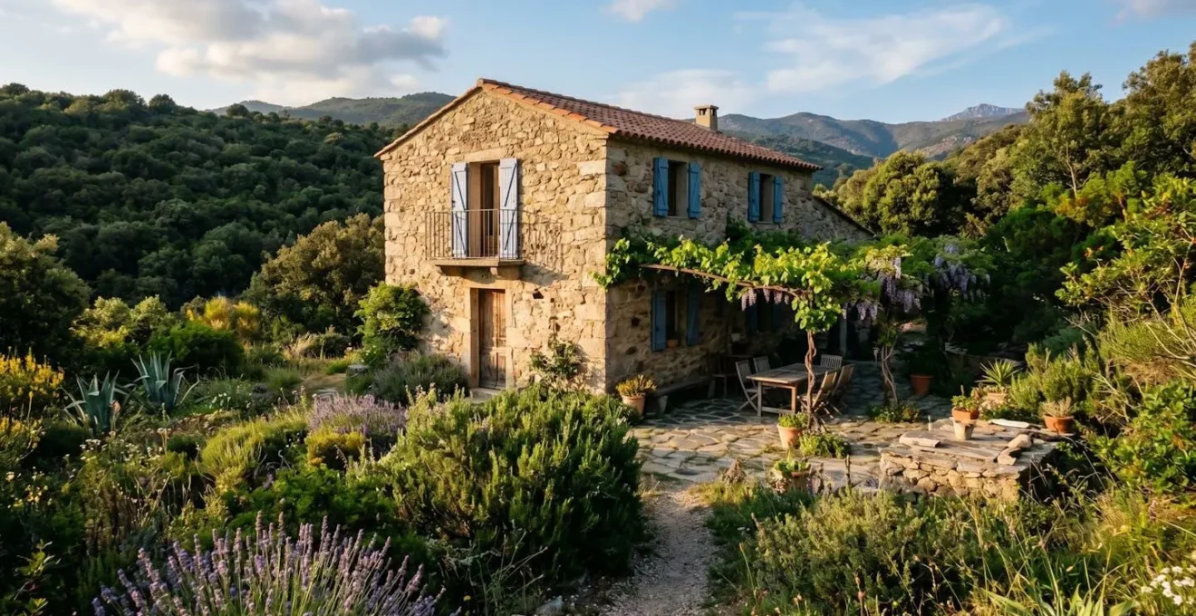 Maison en pierre avec jardin privatif et végétation du maquis corse dans la périphérie de Propriano