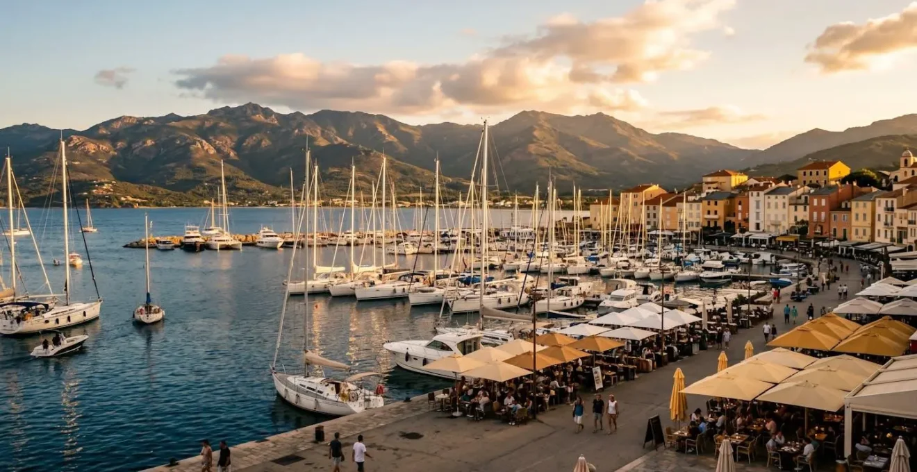 Le port de Saint-Florent en fin d'après-midi avec ses voiliers et ses terrasses