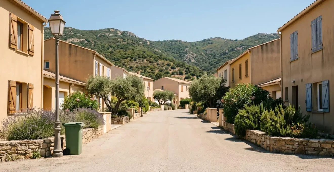 Rue calme dans un quartier résidentiel de Saint-Florent avec vue sur les collines corses