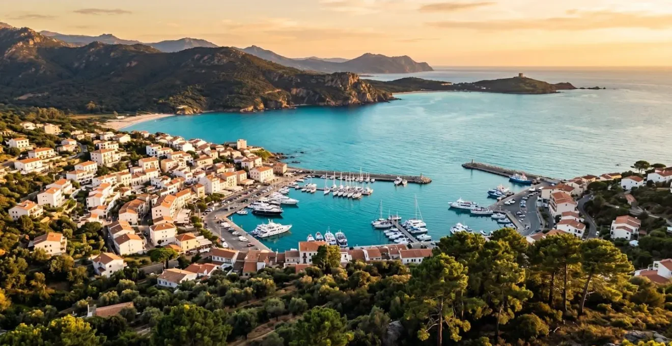 Vue aérienne du golfe du Valinco à Propriano, Corse du Sud, avec le port et les quartiers résidentiels en arrière-plan