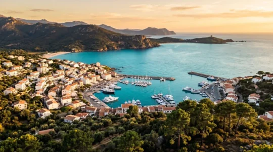 Vue aérienne du golfe du Valinco à Propriano, Corse du Sud, avec le port et les quartiers résidentiels en arrière-plan